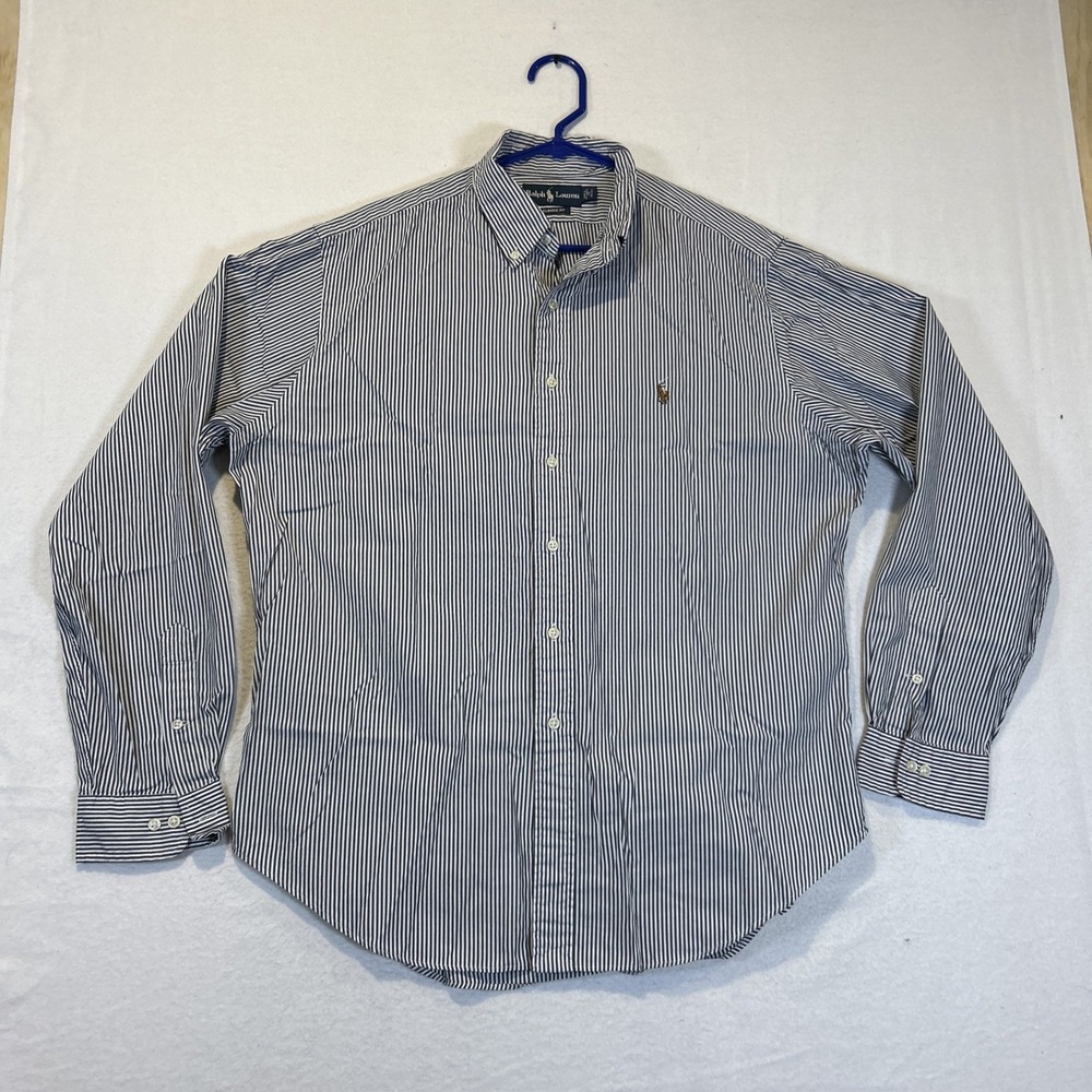 Ralph Lauren Mens 17 36/37 Blue Striped Long Sleeve Button Down Shirt Classic
